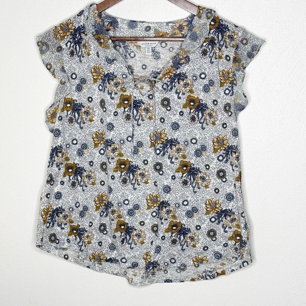 Lucky Brand Yellow Blue Floral Blouse Keyhole Flutter Sleeve - Women’s US L